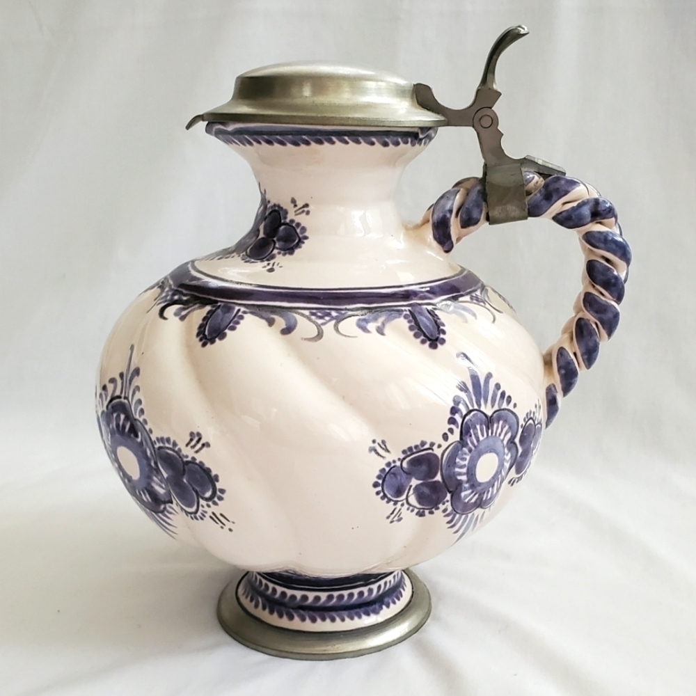 Vintage MCM Western Germany Blue And White Hand Painted Pitcher With Pewter Lid